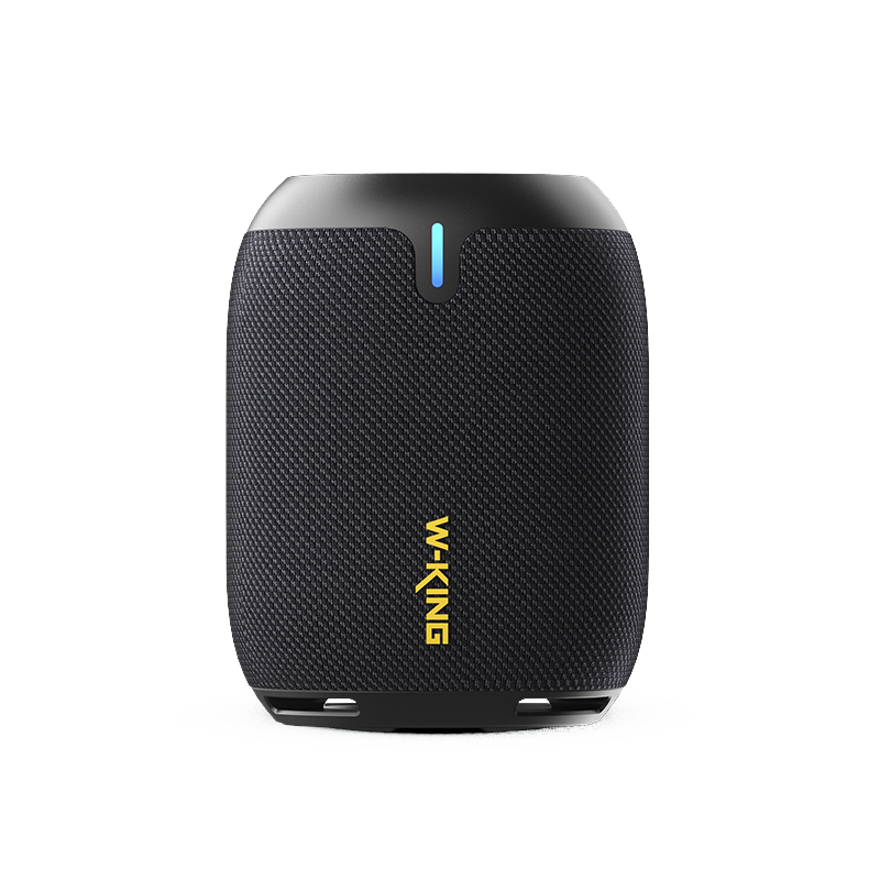 A black portable speaker with a blank background 