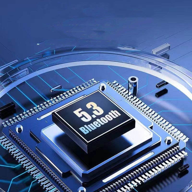 A digital rendering of a computer microchip with "5.3 Bluetooth" written on its central component captures attention. The background features abstract blue technological elements, giving a high-tech, futuristic feel while emphasizing the advanced Bluetooth protocol 5.3 technology integration in the Fortipod Wireless Neutral Noise Cancellation Gaming Earbuds by HeadphoneHeat.