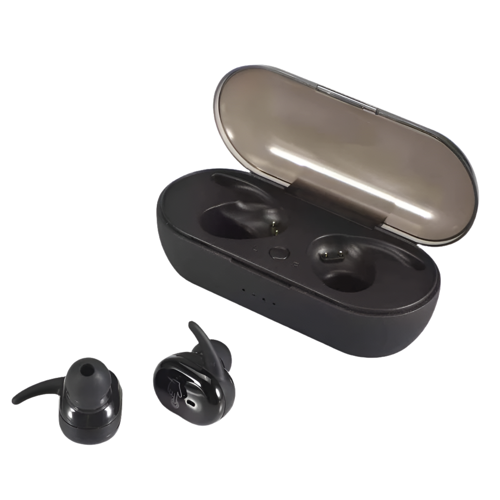 A pair of CHUYONG Y30 TWS Wireless Earbuds 5.0 from HeadphoneHeat.Com is placed beside an open charging case. The case's lid is propped open, revealing two slots where the earbuds can be stored and charged. Featuring Dynamic Vocalism Technology and small ear hooks for a secure fit, these black earbuds ensure an immersive sound experience.