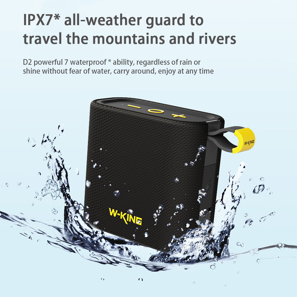 The W-King D2 Bluetooth Speaker, featuring the "HeadphoneHeat" logo, is depicted splashing in water. It offers wireless connectivity and an IPX7 rating for all-weather protection, making its compact and portable design perfect for adventures in mountains and rivers.