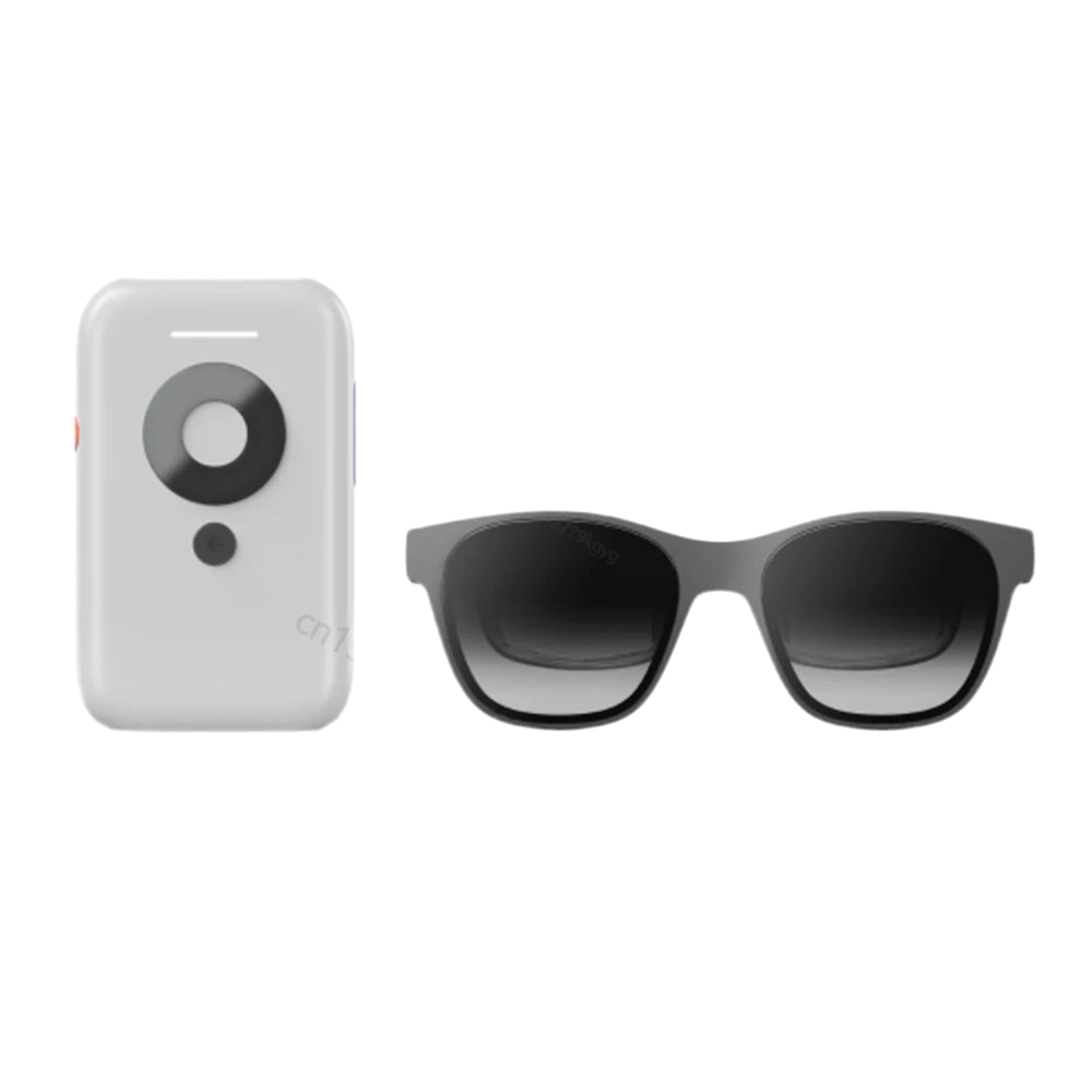 An image of a pair of XREAL Air AR Glasses - Nreal Portable 3D HD in a stylish, black design with dark lenses placed beside a small, white rectangular device featuring a circular black lens in the center and a small button on the side from the brand HeadphoneHeat. Both objects are set against a sleek, white background.