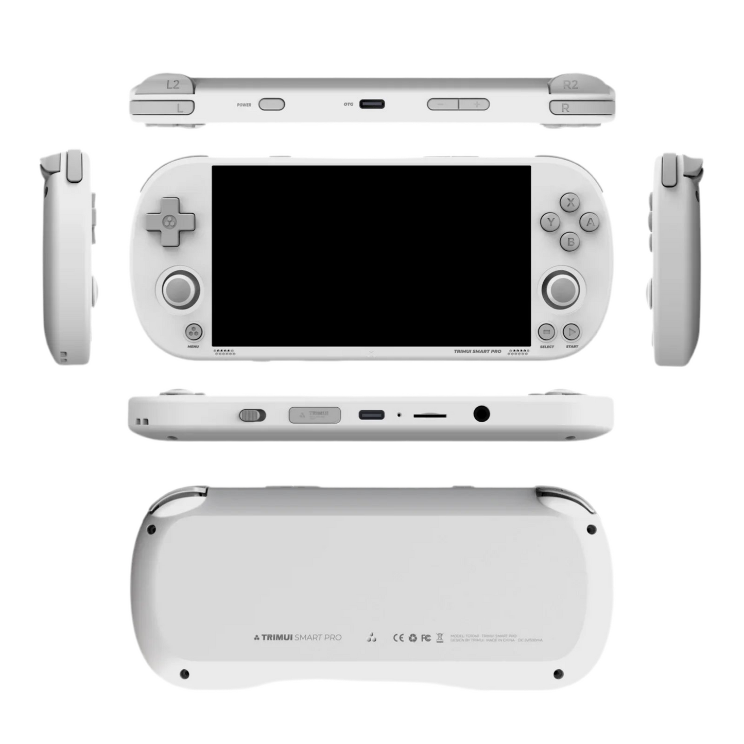 The TRIMU Handheld Pro Game Console by HeadphoneHeat is displayed in white from various angles. It boasts dual analog sticks, a set of buttons, and a D-pad on the front, along with shoulder buttons positioned on top. The bottom edge reveals ports, speakers, and options for expandable storage. Branding and model information are shown on the back, making it ideal for retro gaming enthusiasts.