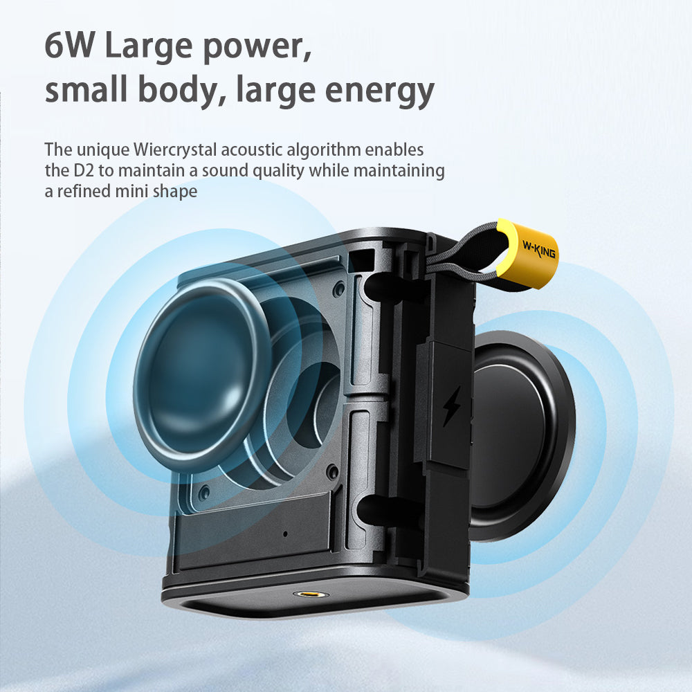 The image showcases the HeadphoneHeat W-King D2 Bluetooth Speaker, highlighting its 6W large power in a compact and portable design with a cutaway view. The text emphasizes the Wiercrystal acoustic algorithm, ensuring quality sound alongside wireless connectivity in a small but energetic body.