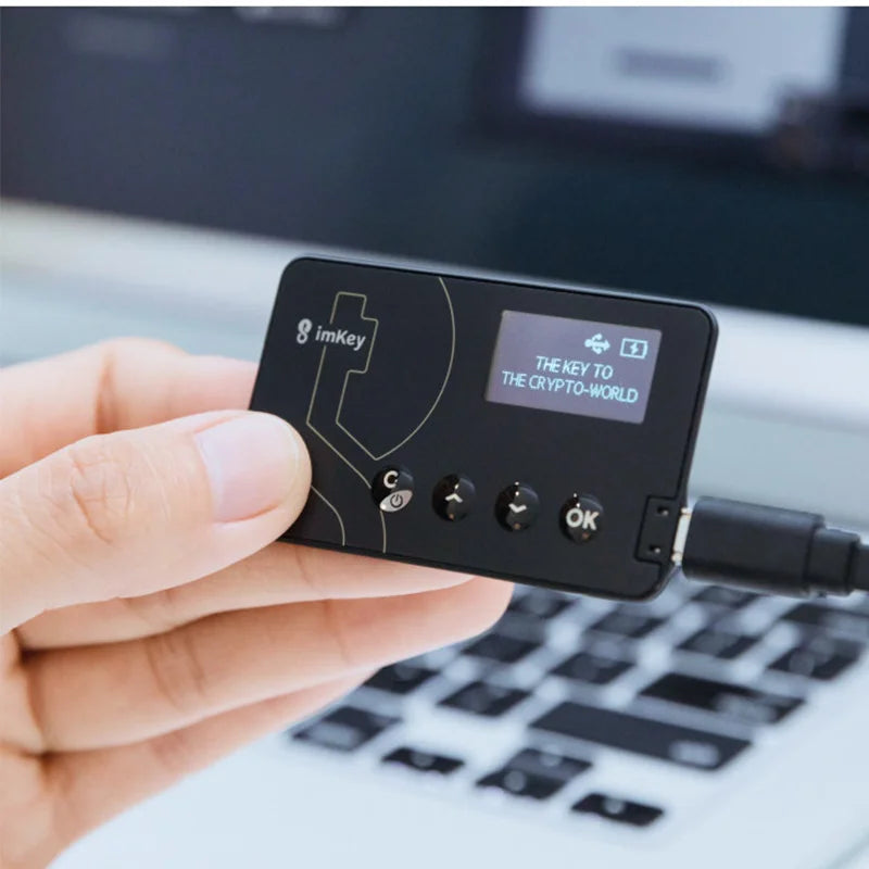 A person's hand is holding a compact, rectangular ImKey Pro Crypto Hardware Wallet with a screen displaying the text "THE KEY TO THE CRYPTOWORLD." This device, made from durable PVC and branded as HeadphoneHeat, is connected via a cable to a laptop in the background. Manufactured likely in Mainland China, this sleek wallet ensures secure transactions.