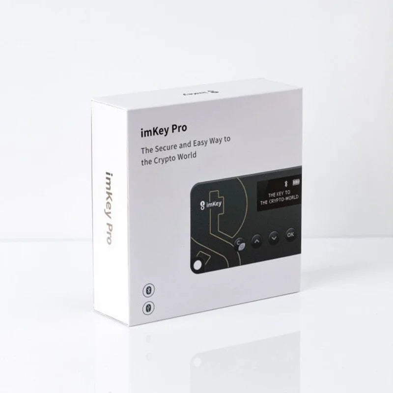 The image shows the packaging of the ImKey Pro Crypto Hardware Wallet, a product from HeadphoneHeat in Guangdong, Mainland China. The box has a white background with a picture of the device on the front. Text on the box reads, "ImKey Pro: The Secure and Easy Way to the Crypto World.