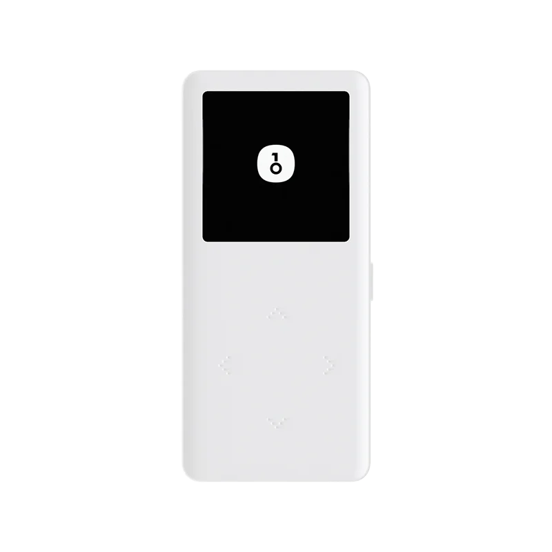 The OneKey Mini Offline Crypto Wallet by HeadphoneHeat is a sleek and slim handheld electronic device with a white body and a black screen displaying a lock icon. Below the screen, four small arrow symbols are arranged in a diamond shape, resembling navigation buttons. This HeadphoneHeat device supports USB Type-C connectivity for fast charging and data transfer.