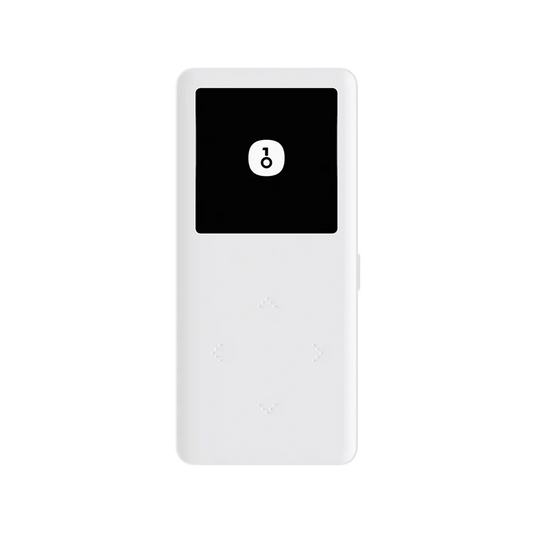 The OneKey Mini Offline Crypto Wallet by HeadphoneHeat is a sleek and slim handheld electronic device with a white body and a black screen displaying a lock icon. Below the screen, four small arrow symbols are arranged in a diamond shape, resembling navigation buttons. This HeadphoneHeat device supports USB Type-C connectivity for fast charging and data transfer.