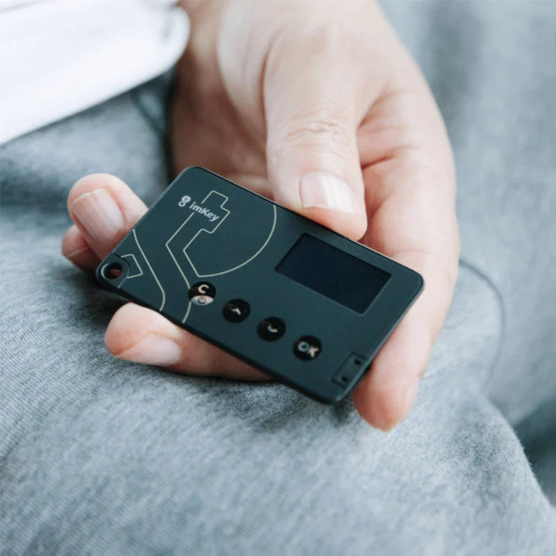 A hand holding the ImKey Pro Crypto Hardware Wallet by HeadphoneHeat, a small black electronic device with a screen and several buttons. Sourced from Guangdong in Mainland China, this lightweight and compact wallet features a minimalist design with a few symbols and a sleek finish.