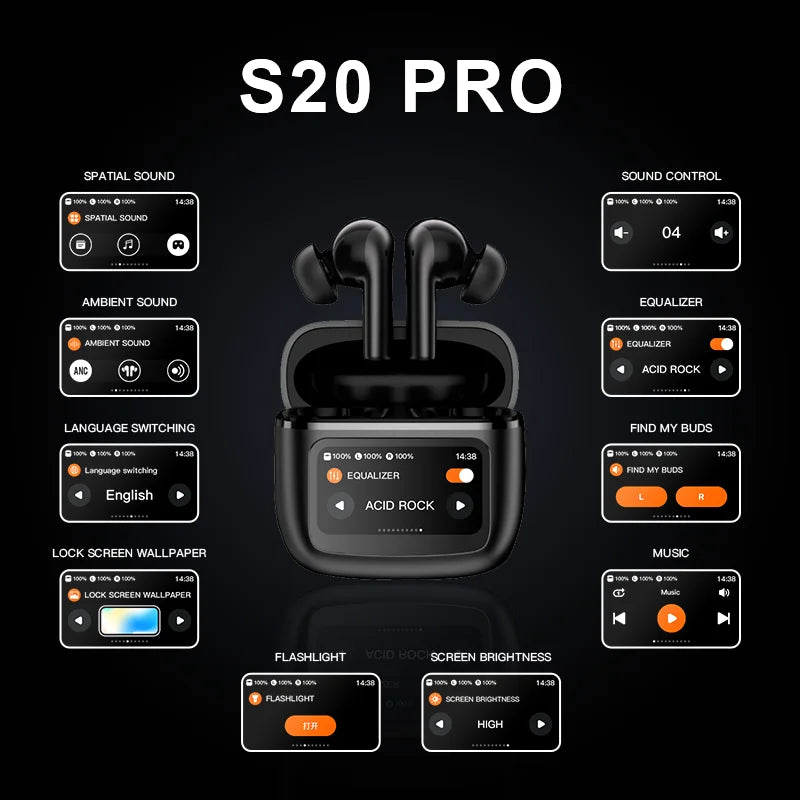 Image of the Beatfade S20 Pro Touch Screen ANC Wireless Earbuds by HeadphoneHeat with detailed interface screenshots around it. The screenshots display various features including spatial sound, ambient sound, active noise cancellation, language switching, lock screen wallpaper, flashlight, sound control, equalizer, find my buds, and music.