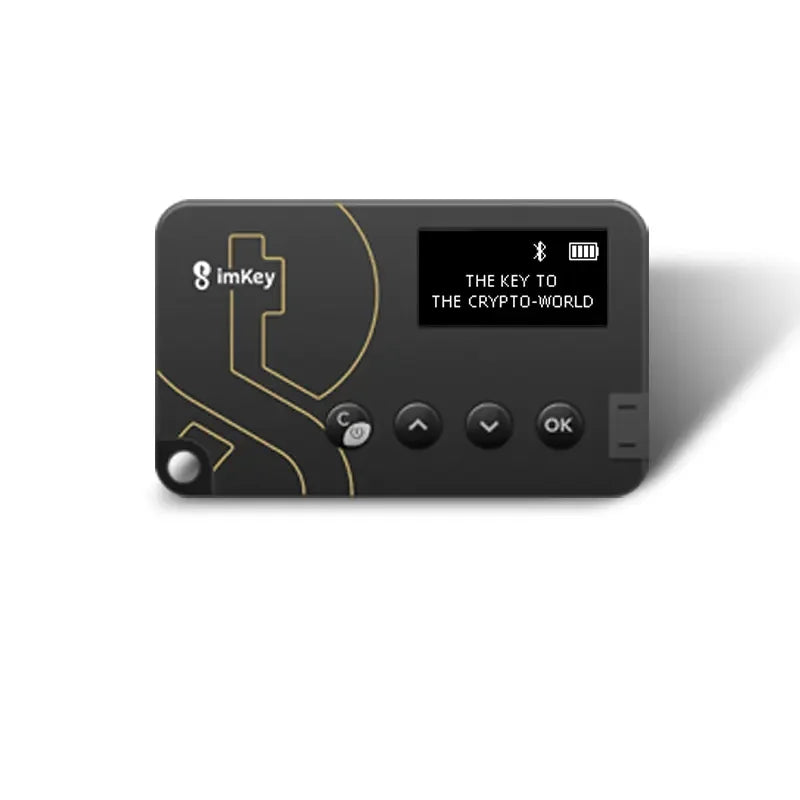 A black ImKey Pro Crypto Hardware Wallet by HeadphoneHeat, showcasing a small screen with the text "THE KEY TO THE CRYPTO-WORLD." This device, made from durable PVC and popular in Mainland China, features several buttons labeled with various icons, including a back arrow and a confirmation checkmark.