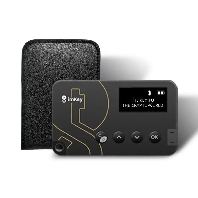 The ImKey Pro Crypto Hardware Wallet by HeadphoneHeat features a small screen and several buttons. The screen displays the message "THE KEY TO THE CRYPTO-WORLD." Accompanying the wallet is a black PVC protective case. The device, popular in Mainland China, has the brand name "imKey" on the upper left corner.