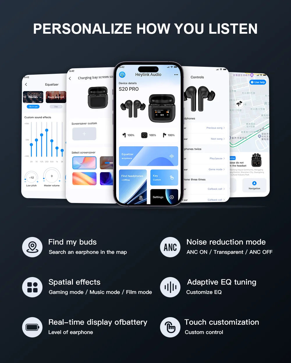 Image showing various screens of the HeadphoneHeat Beatfade S20 Pro Touch Screen ANC Wireless Earbuds app, which allows customization of the listening experience. Features include find my buds, active noise cancellation mode, spatial effects, adaptive EQ tuning, battery display, and touch customization. The central image showcases an earbud.