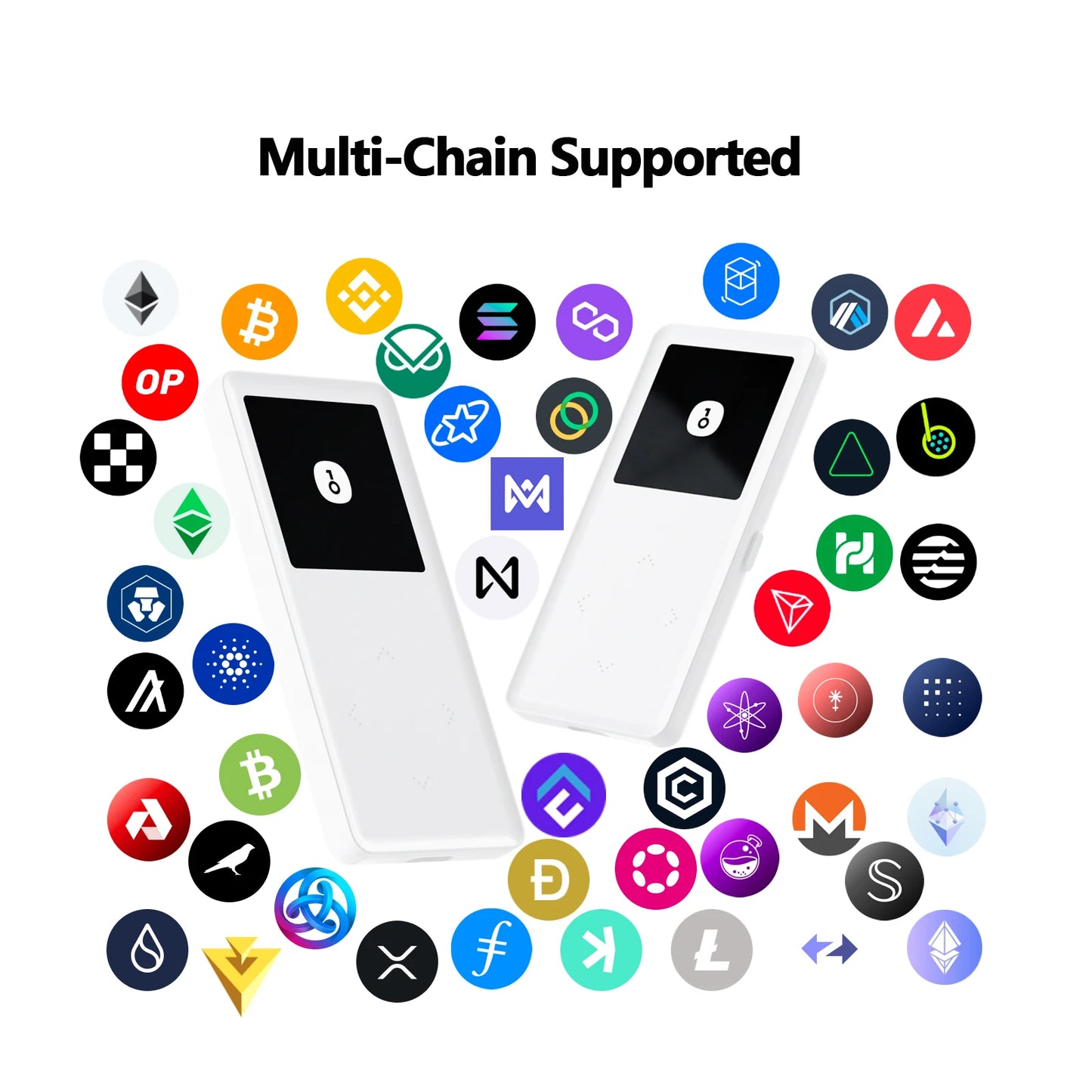 Image displaying two OneKey Mini Offline Crypto Wallets by HeadphoneHeat, encircled by logos of different blockchain networks. Text above reads "Multi-Chain Supported." The wallets, designed to work with USB Type-C and Windows 10+, are arranged diagonally side by side, highlighting their multi-chain compatibility through Vtoshi technology.