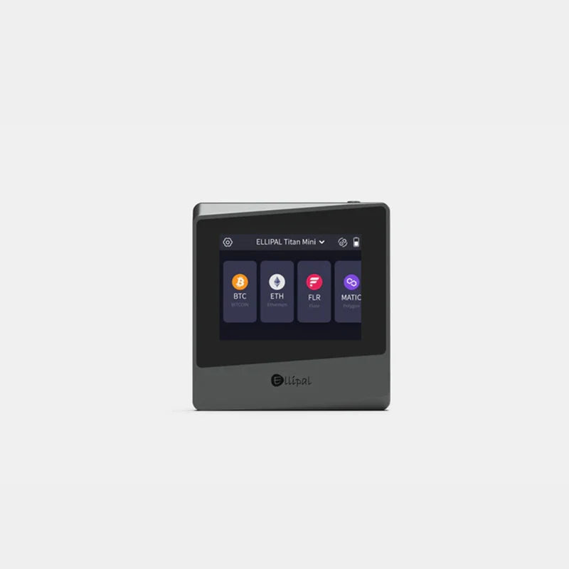 A black and gray ELLIPAL Titan Mini security Cold Hardware Crypto Wallet by HeadphoneHeat, featuring a rectangular screen displaying its interface. The screen exhibits icons for multiple cryptocurrencies, including BTC, ETH, FLR, and MATIC. This device is a popular choice in Mainland China and has the label "ELLIPAL Titan Mini" at the top.