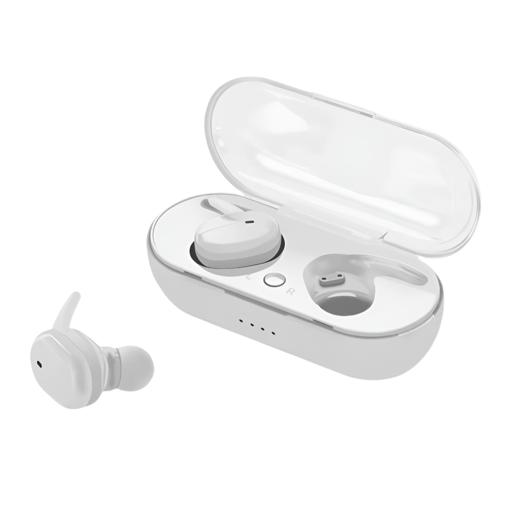 A pair of white CHUYONG Y30 TWS Wireless Earbuds 5.0 from HeadphoneHeat.Com, featuring Dynamic Vocalism Technology, are displayed with one earbud placed inside an open, white charging case and the other positioned outside the case on the left. The charging case includes an LED indicator and a clear lid.