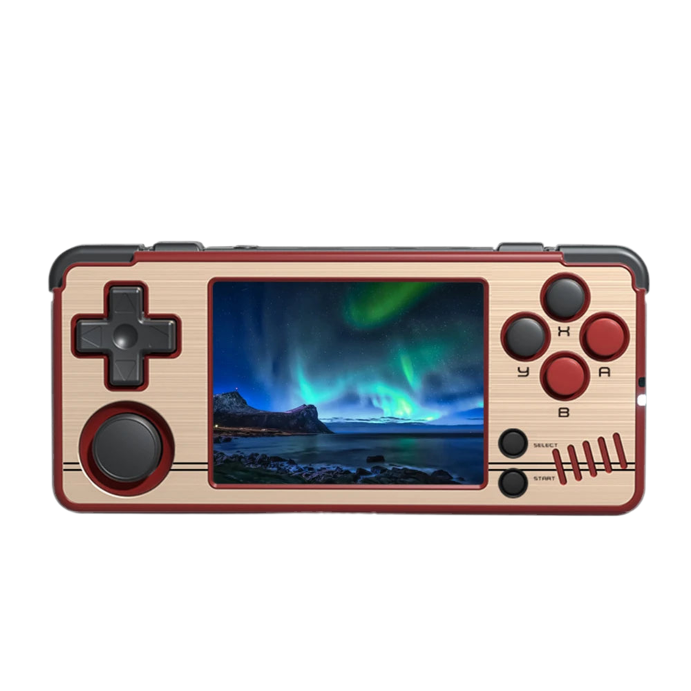 The MIYOO A30 Console by HeadphoneHeat, in a beige and red design, features a 2.8'' IPS color display ideal for retro gaming. It comes equipped with multiple buttons and a directional pad and includes a robust 2600 mAh battery. A protective case is strategically positioned above the console, while shipping information can be found in the top left corner.