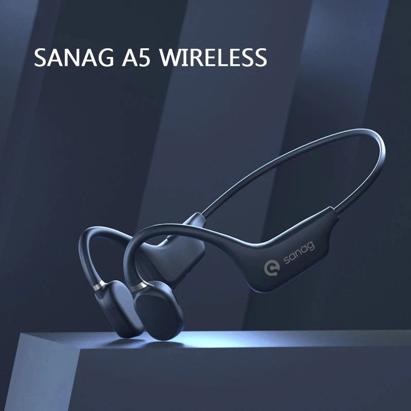 A pair of bone conduction wireless earbuds with active noise-cancellation and a flexible neckband is displayed against a dark, geometrically patterned background. The text "A5s GAINBAND WIRELESS" is visible near the top left of the image. The headphones have the brand "HeadphoneHeat.Com" printed on the side.