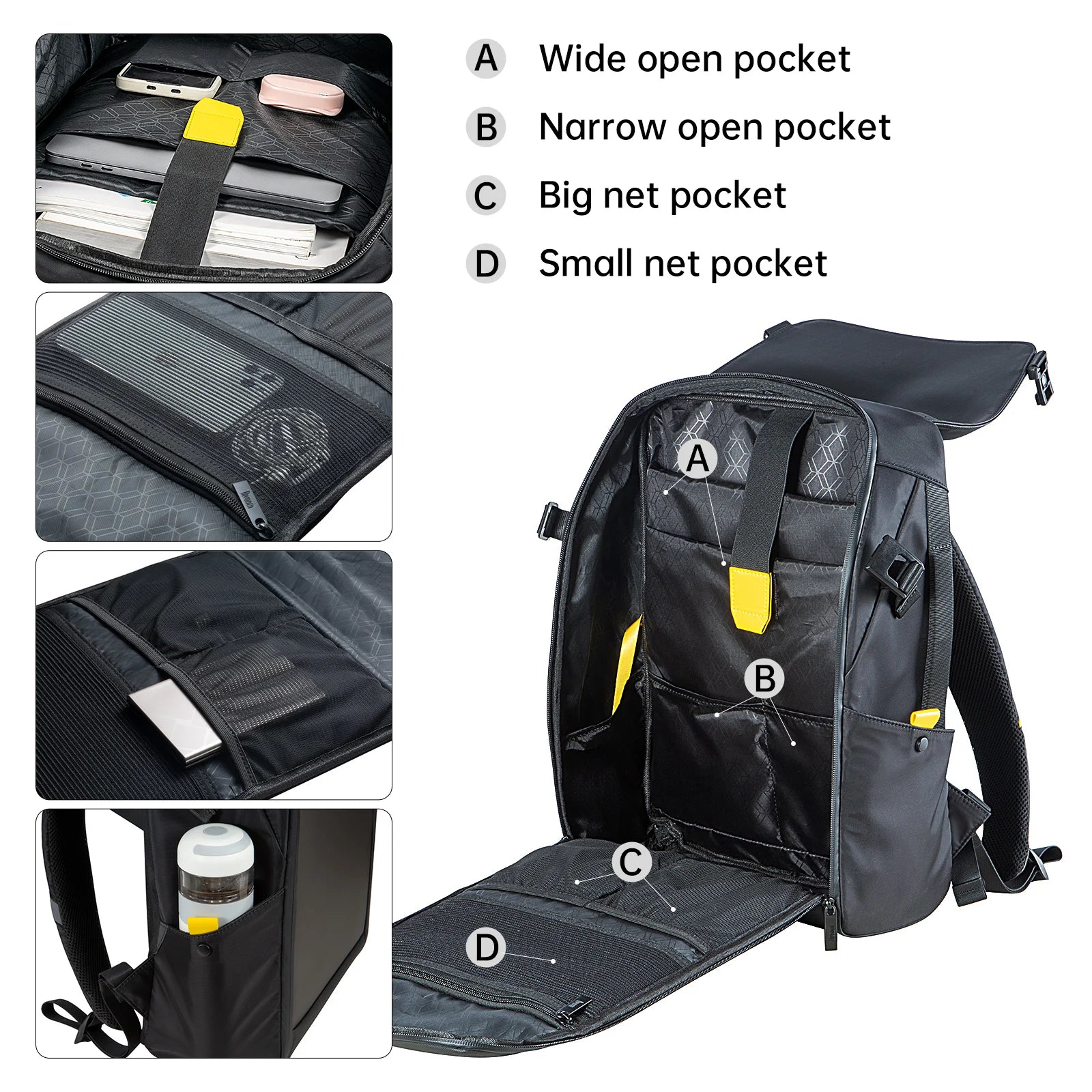 The DIVOOM Pixoo M Backpack Men 15 Inch Waterproof by HeadphoneHeat, featuring a sleek design, comes with multiple compartments. Labels point out a wide open pocket, narrow open pocket, big net pocket, and small net pocket. Close-ups highlight its interior organization for water bottles and electronic devices.