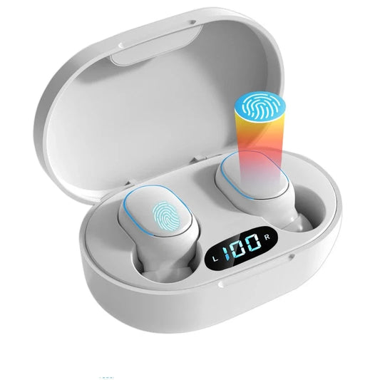 A pair of white wireless earbuds, labeled "E7s TWS Earbuds Bluetooth" from HeadphoneHeat, sit in an open charging case with a digital display showing "100" and "R." Each earbud features active noise-cancellation and a blue fingerprint icon with an orange-yellow glow above it, suggesting touch control features.