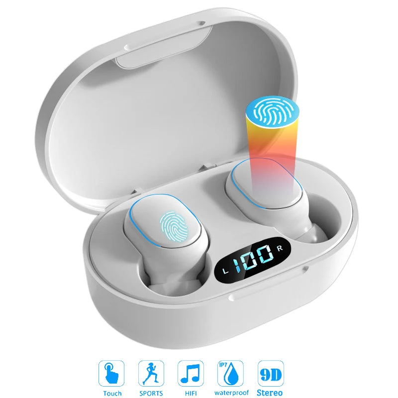 A pair of HeadphoneHeat E7s TWS Earbuds Bluetooth in an open charging case, which includes a digital display screen showing the battery level at 100%. The earbuds feature touch controls, Bluetooth technology, and active noise-cancellation. Icons below indicate touch controls, sports use, HiFi audio, waterproof rating, and stereo sound.