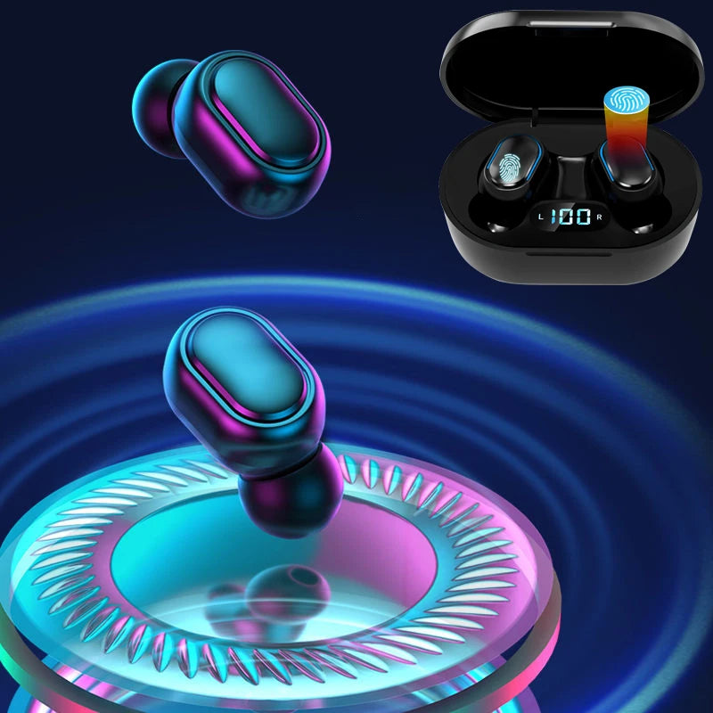 A pair of HeadphoneHeat E7s TWS Earbuds Bluetooth is displayed with neon accents. One earbud is shown in a charging case with an LED display indicating battery level, while the other, featuring active noise-cancellation and Bluetooth technology, floats above a stylized graphic representing immersive audio technology.