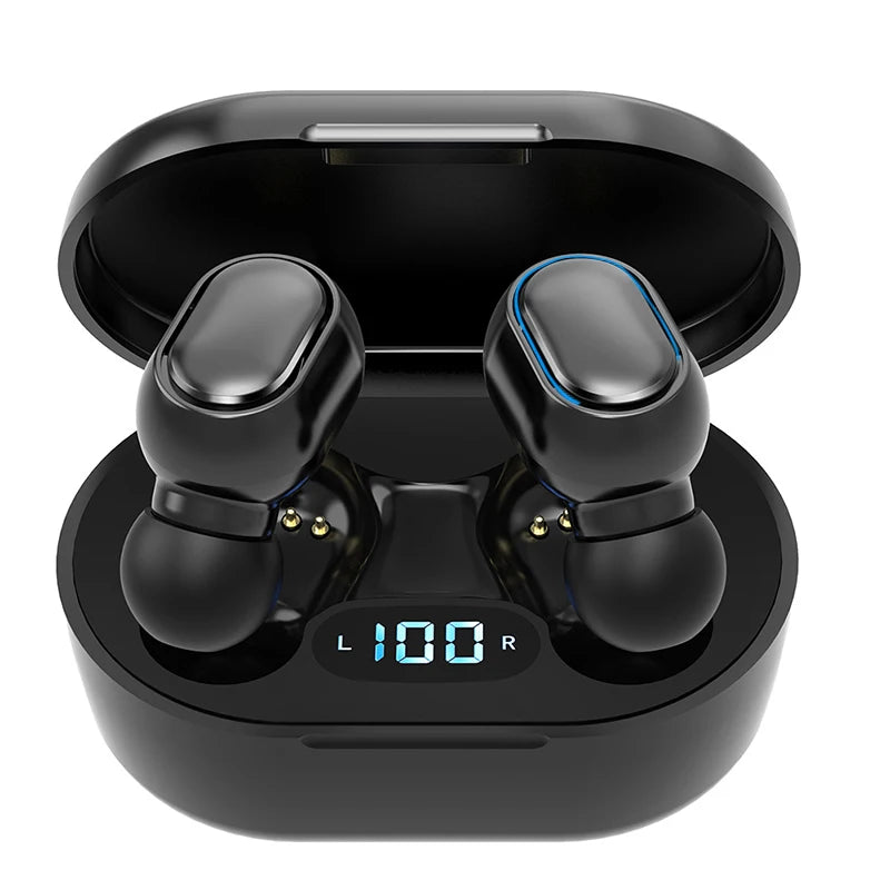 A pair of black HeadphoneHeat E7s TWS Earbuds Bluetooth rests in an open black charging case with a digital display showing "100" for both the left and right earbuds. Featuring Bluetooth technology and active noise-cancellation, the sleek, rounded earbuds boast a glossy surface.