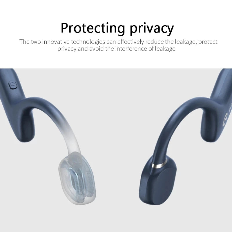 Close-up of two A5s GAINBAND Wireless Headphones - Bone Conduction Earbuds by HeadphoneHeat.Com, featuring curved hooks. One earbud has a translucent tip while the other has a black tip. Text above reads: "Protecting privacy. The two innovative technologies, including Active Noise-Cancellation, reduce leakage and avoid interference.