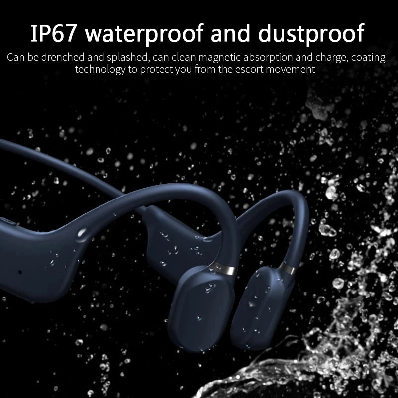 Introducing the A5s GAINBAND Wireless Headphones by HeadphoneHeat.Com—these black bone conduction earbuds are designed for durability in wet conditions, featuring an IP67 waterproof and dustproof rating. With water droplets illustrating their resilience, they also offer Bluetooth 5.0 connectivity for effortless pairing with your devices.