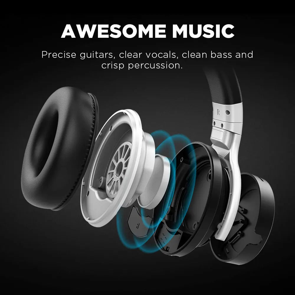 Close-up of Cowin E7Pro Active Noise Cancelling Bluetooth Headphones by HeadphoneHeat with partially disassembled ear cups, illustrating the internal components. Overlay text reads: "AWESOME MUSIC" with the description, "Precise guitars, clear vocals, clean bass, and crisp percussion" below. Black background.