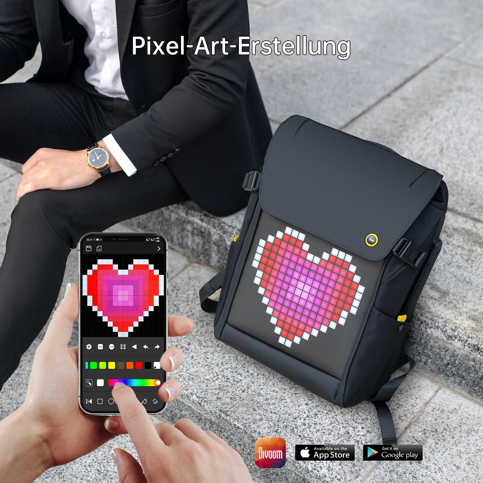 A person sits on steps, holding a smartphone with a pixel art creation app open. Beside them is the HeadphoneHeat DIVOOM Pixoo M Backpack Men 15 Inch Waterproof, showcasing a colorful pixel heart design on its 16 × 16 RGB LED screen. The text "Pixel-Art-Erstellung" appears above with app store logos positioned below.