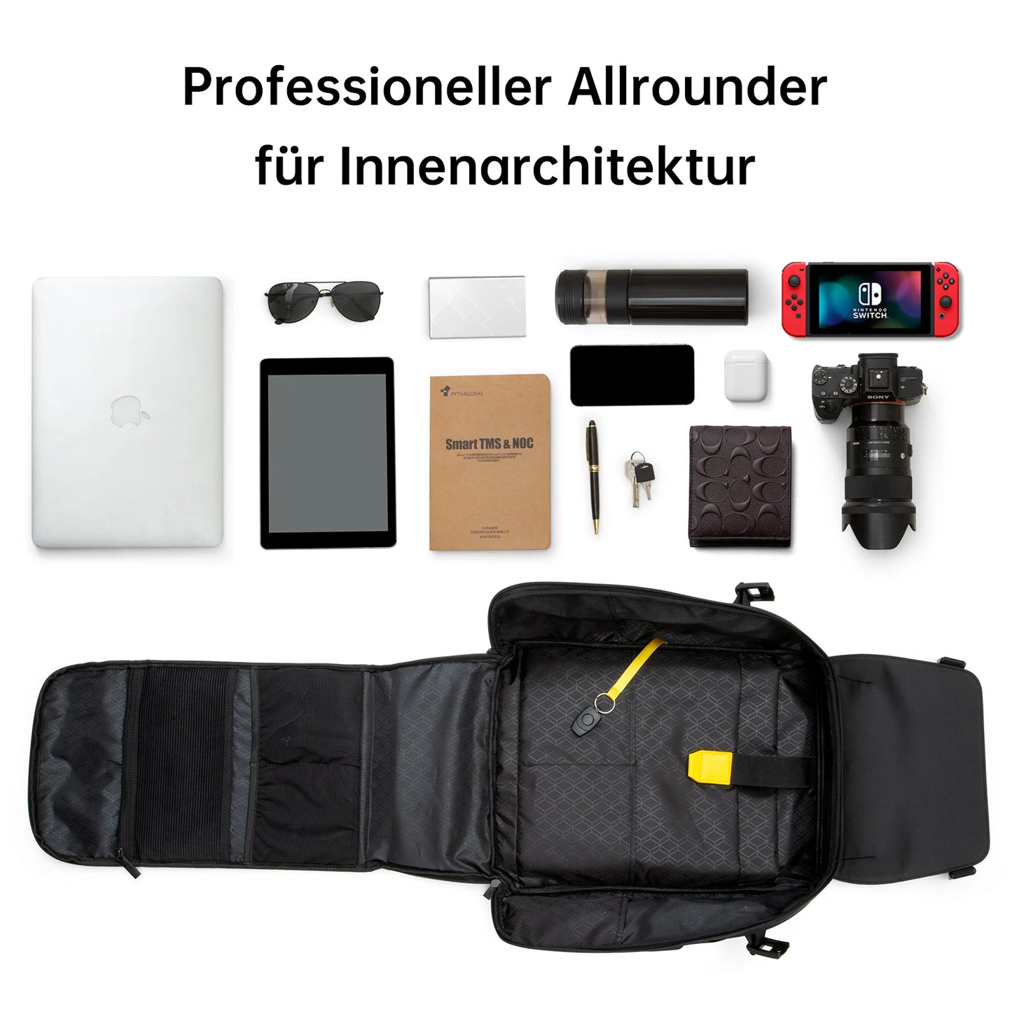 The open black DIVOOM Pixoo M Backpack Men 15 Inch, featuring a waterproof design and a 16 × 16 RGB LED screen, accommodates a laptop, tablet, camera, gaming console, sunglasses, notebook, wallet, and travel mug with ease. Above it reads "Professioneller Allrounder für Innenarchitektur," highlighting the smart features of this app-controlled backpack by HeadphoneHeat.