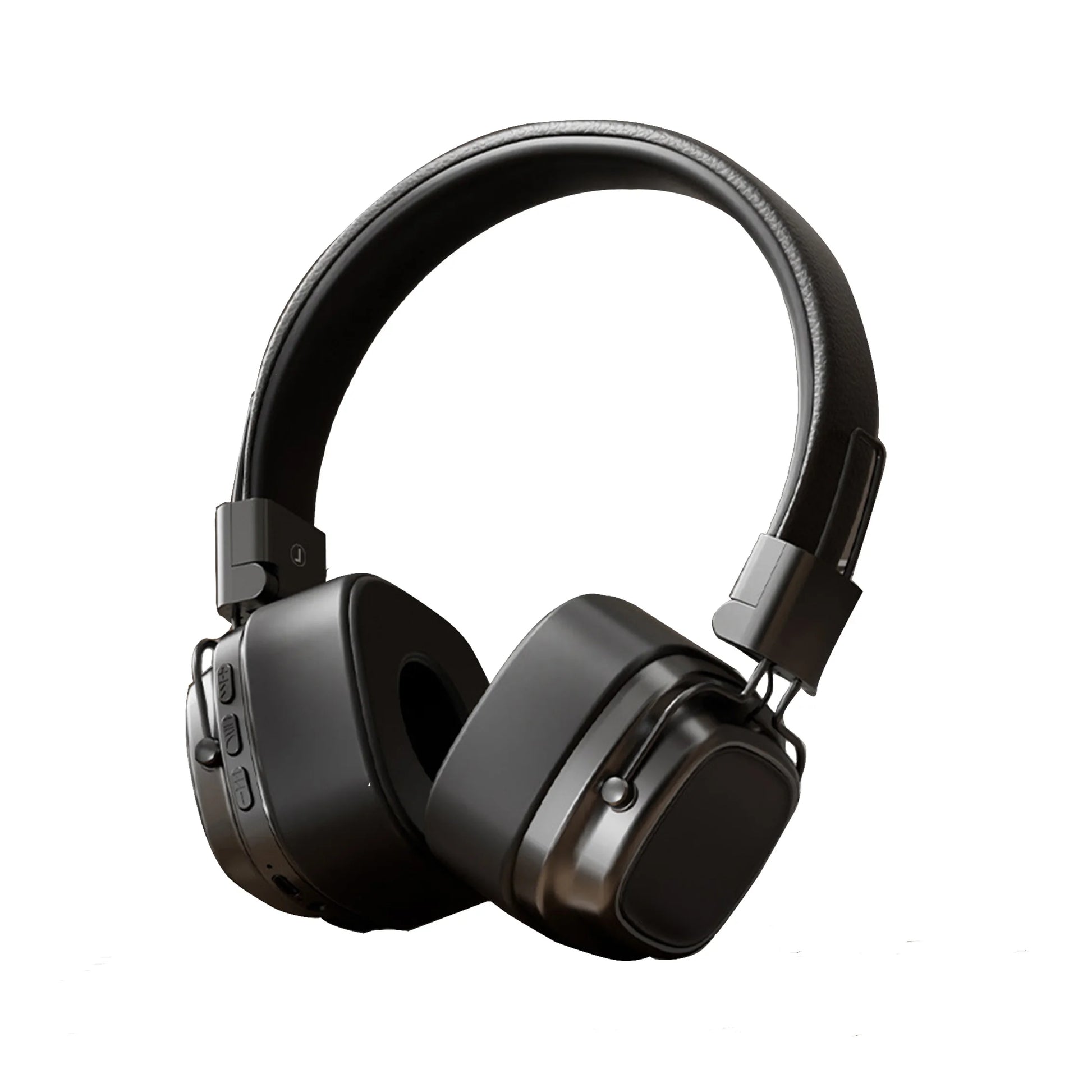 The HeadphoneHeat CR-8 DUTRIEUX Classic Over Ear Stereo Headphones offer sound isolation and hybrid connectivity. These stylish black over-ear headphones feature cushioned ear pads, a padded headband, and convenient control buttons on the left earcup, all set against a sleek modern design with a white background.