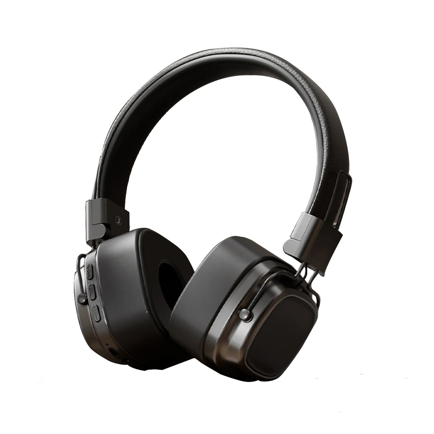 The HeadphoneHeat CR-8 DUTRIEUX Classic Over Ear Stereo Headphones showcase a sleek black design with cushioned ear pads and an adjustable headband. Equipped with sound isolation and control buttons along one side, these headphones provide a seamless audio experience against a pristine white background.