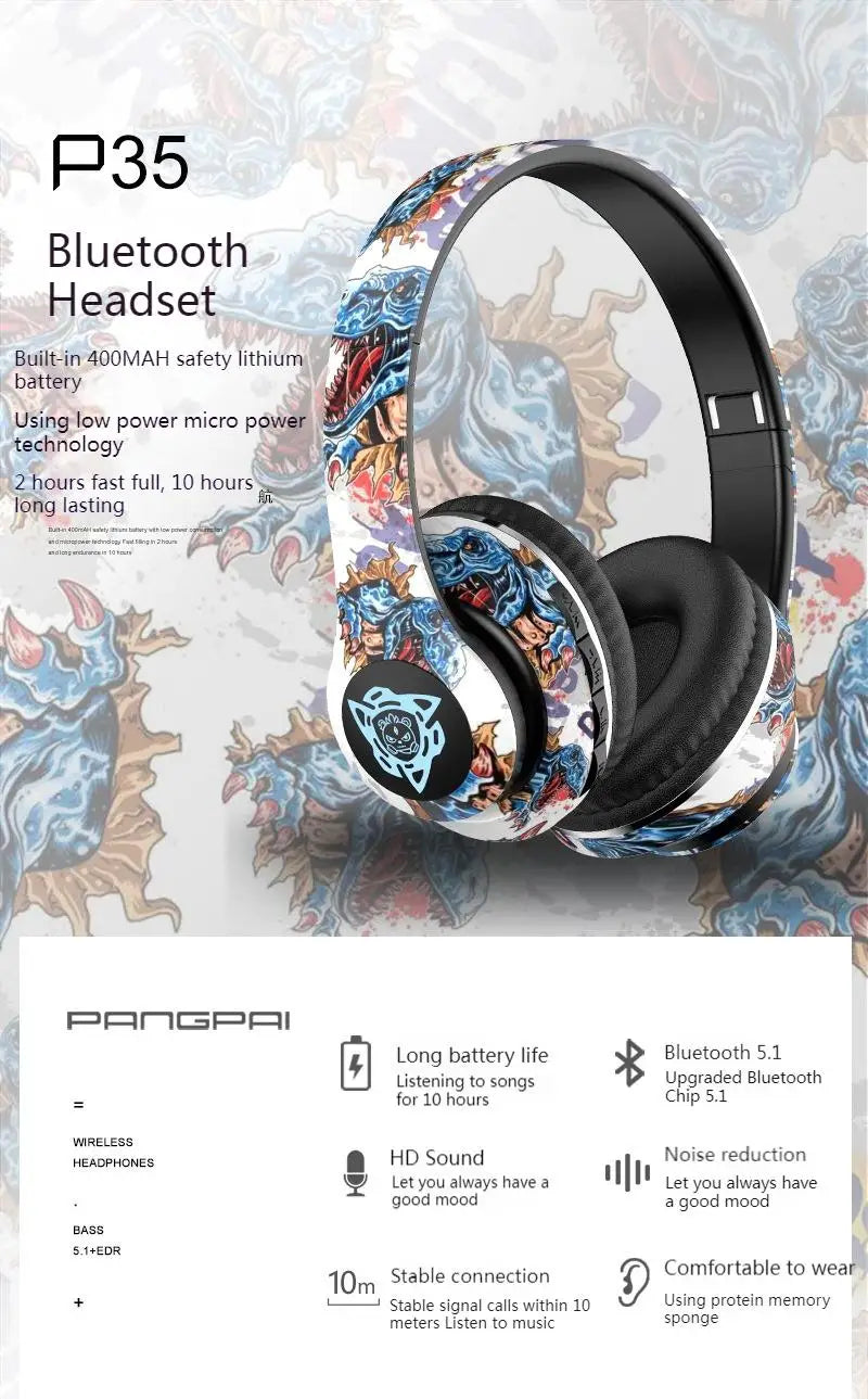 A promotional image of the Newmsnr Graffiti Foldable Wireless Bluetooth Headphones by HeadphoneHeat, featuring a vibrant graffiti design. It includes a 400mAh battery, Bluetooth 5.1 connectivity, HD sound quality, and an extended battery life. The headphones are equipped with control buttons and soft ear cushions for enhanced comfort.