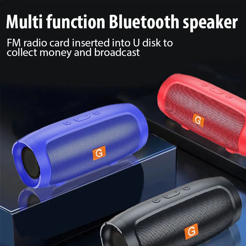 A promotional image features the Portable Waterproof Subwoofer Bluetooth Speaker by HeadphoneHeat, highlighting its versatile functionality. Available in blue, red, and black, this speaker boasts top buttons and a prominent "G" logo. Text above emphasizes its FM radio capability and USB compatibility.