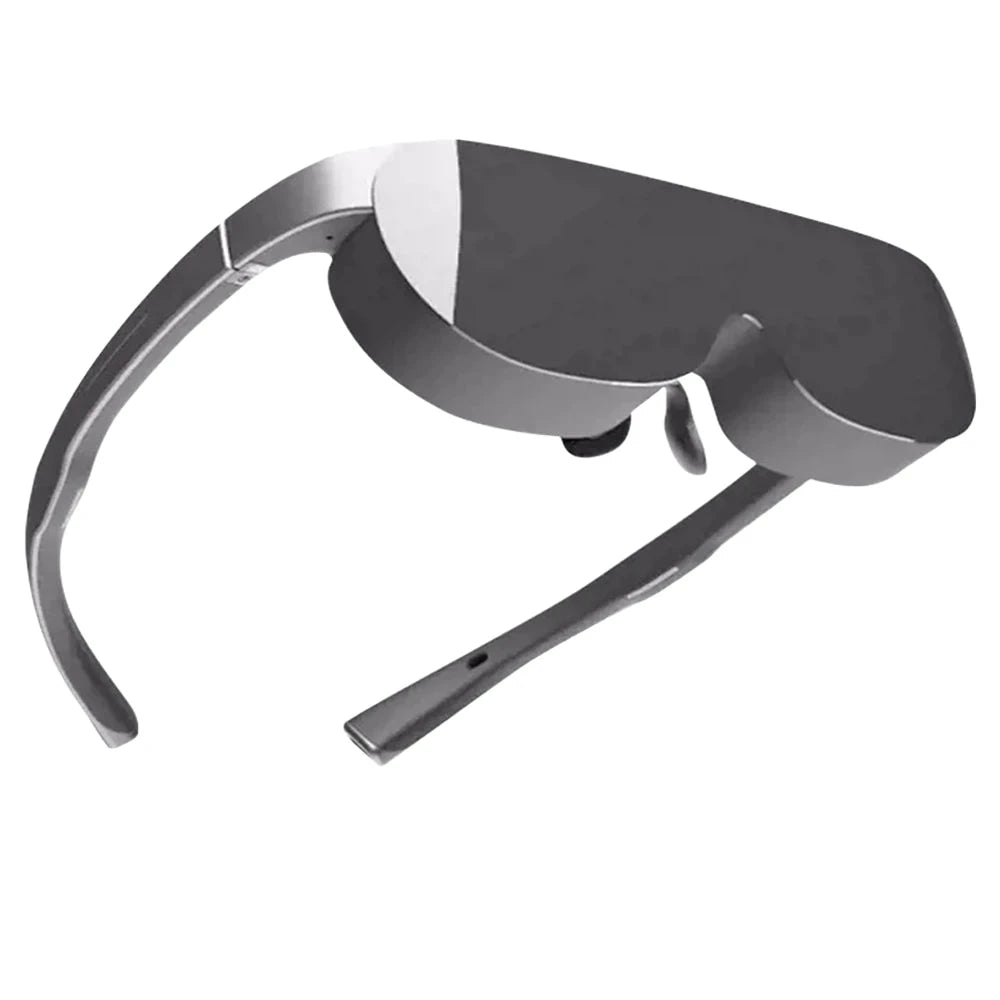 A pair of sleek, futuristically designed Grawoow G350 3D Movie Augmented Reality Head Display glasses by HeadphoneHeat, featuring a glossy black front shield and silver frames with a curved design. These glasses offer high-definition visuals and advanced sensors for an immersive experience with a modern, minimalist aesthetic and an integrated nose bridge.