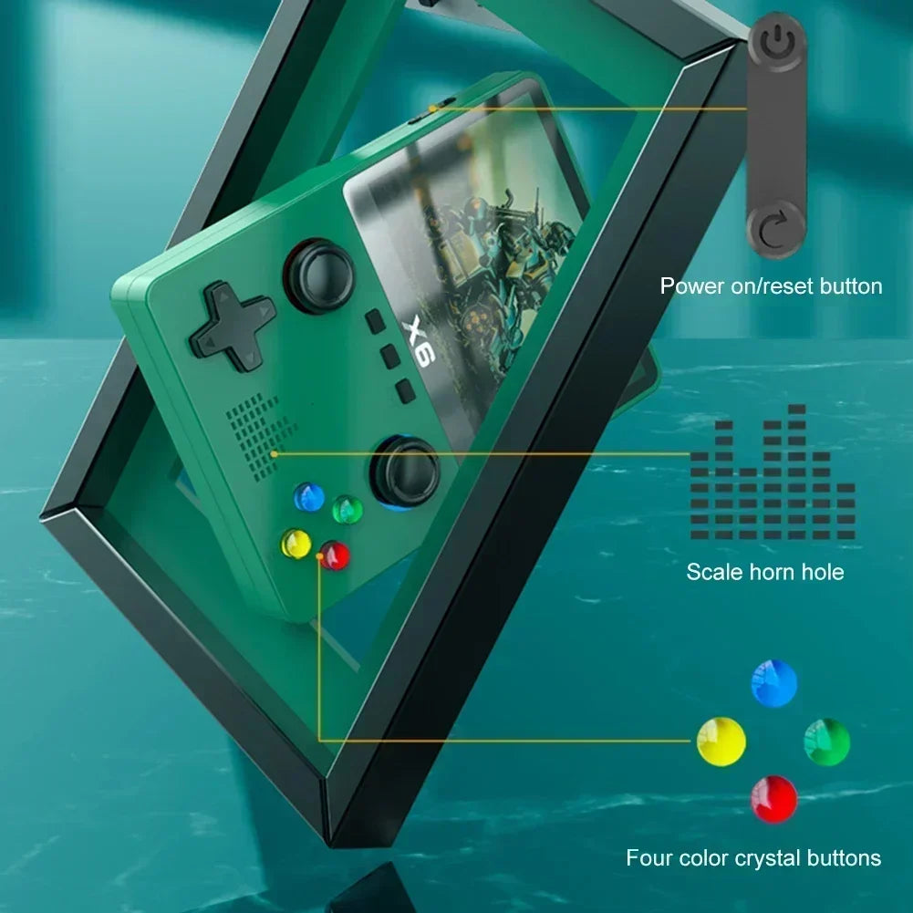 A green EVANOVM X6 Retro Game Console, offered by HeadphoneHeat, is displayed diagonally inside a black frame. This portable gaming console features four colorful crystal buttons, a power/reset button, and a scale horn hole against a teal background.