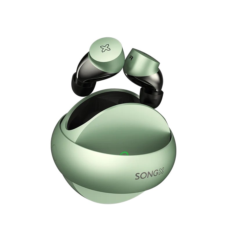 A pair of green Bluetooth Kenteen’s 5.1 Earbuds with black accents, featuring dual driver technology, is displayed along with a matching green charging case. The brand name "HeadphoneHeat" is printed on both the case and earbuds. The sleek, round case has a small indicator light and supports wireless charging.