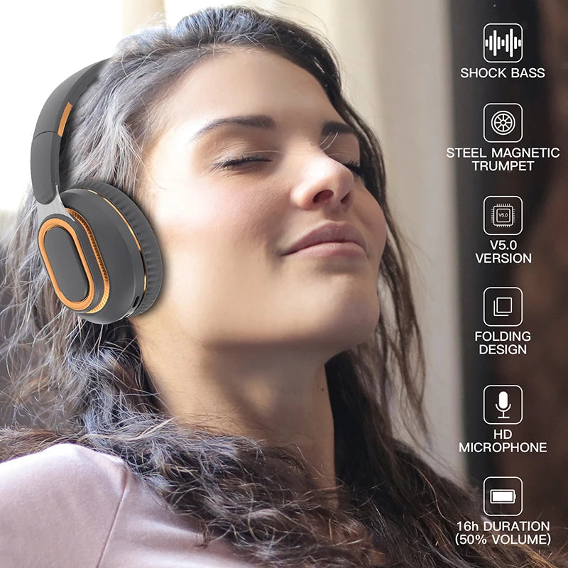 A person with closed eyes wears black and orange over-ear HeadphoneHeat FITHEM H7 Pro max Wireless Headphones. Next to them are icons with text: "SHOCK BASS, STEEL MAGNETIC TRUMPET, Bluetooth 5.0, FOLDING DESIGN, HD MICROPHONE, 16h DURATION (50% VOLUME).