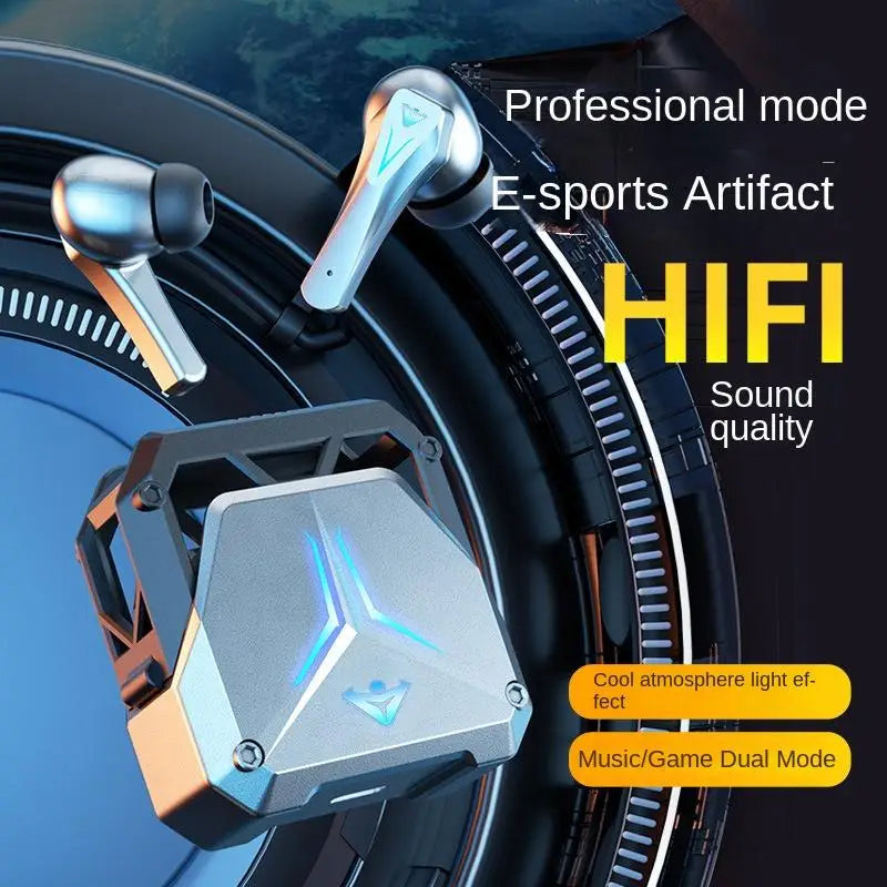 A promotional image for DUTRIEUX Bluetooth Earbuds 5.3 gaming by HeadphoneHeat featuring the text "Professional mode," "E-sports Artifact," "HIFI Sound quality," "Cool atmosphere light effect," and "Music/Game Dual Mode." The earbuds, boasting Active Noise-Cancelling and a waterproof charging case with a futuristic design, are depicted.