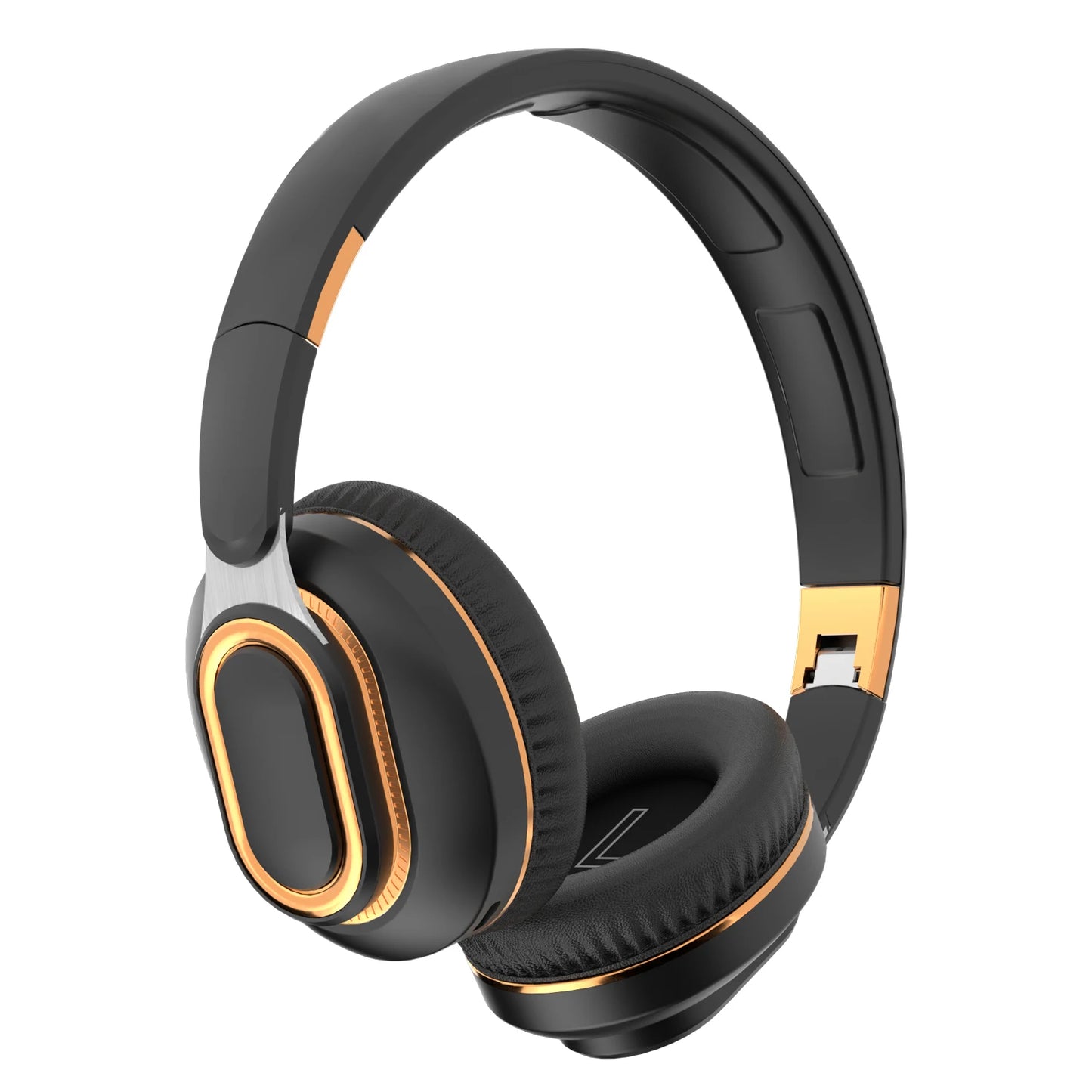 A pair of HeadphoneHeat FITHEM H7 Pro max Wireless Headphones with a sleek black design and metallic gold accents. These wireless over-ear headphones feature Bluetooth 5.0, a padded headband, and ear cushions made of leather or a leather-like material, providing comfort and style.