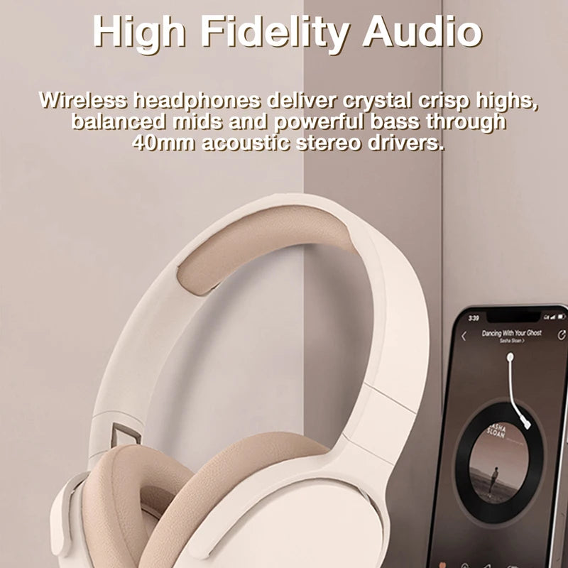 A set of GENAI P2961 Wireless Headphones by HeadphoneHeat is displayed on a beige background next to a smartphone featuring a music app. Text above states: "High Fidelity Audio." These white Bluetooth 5.3 headphones provide superior sound quality, with crystal clear highs, balanced mids, and powerful bass delivered through 40mm acoustic stereo drivers.