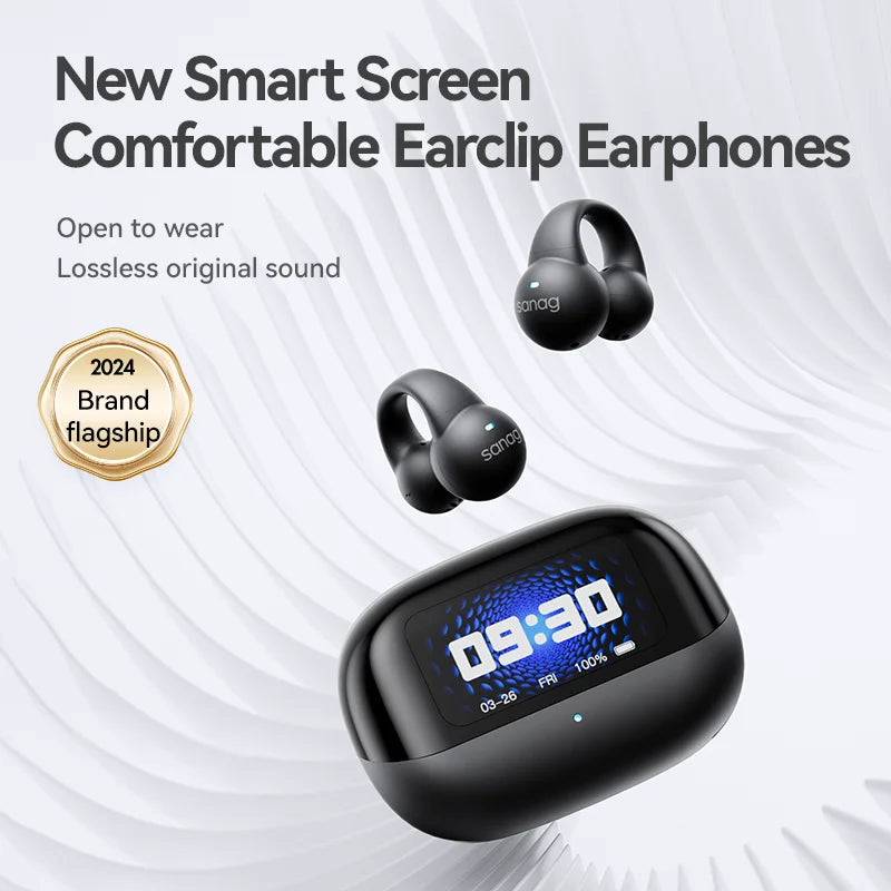 A promotional image for HeadphoneHeat's Sanag S2 Pro Smart Screen Bluetooth Clip Earbuds features a sleek black charging case with a small, blue-lit digital screen. Two earbuds hover above the case. The text highlights features: "New Smart Screen Comfortable Earclip Earphones – Bluetooth 5.3, Dynamic Sound Quality," along with "2024 Brand Flagship.