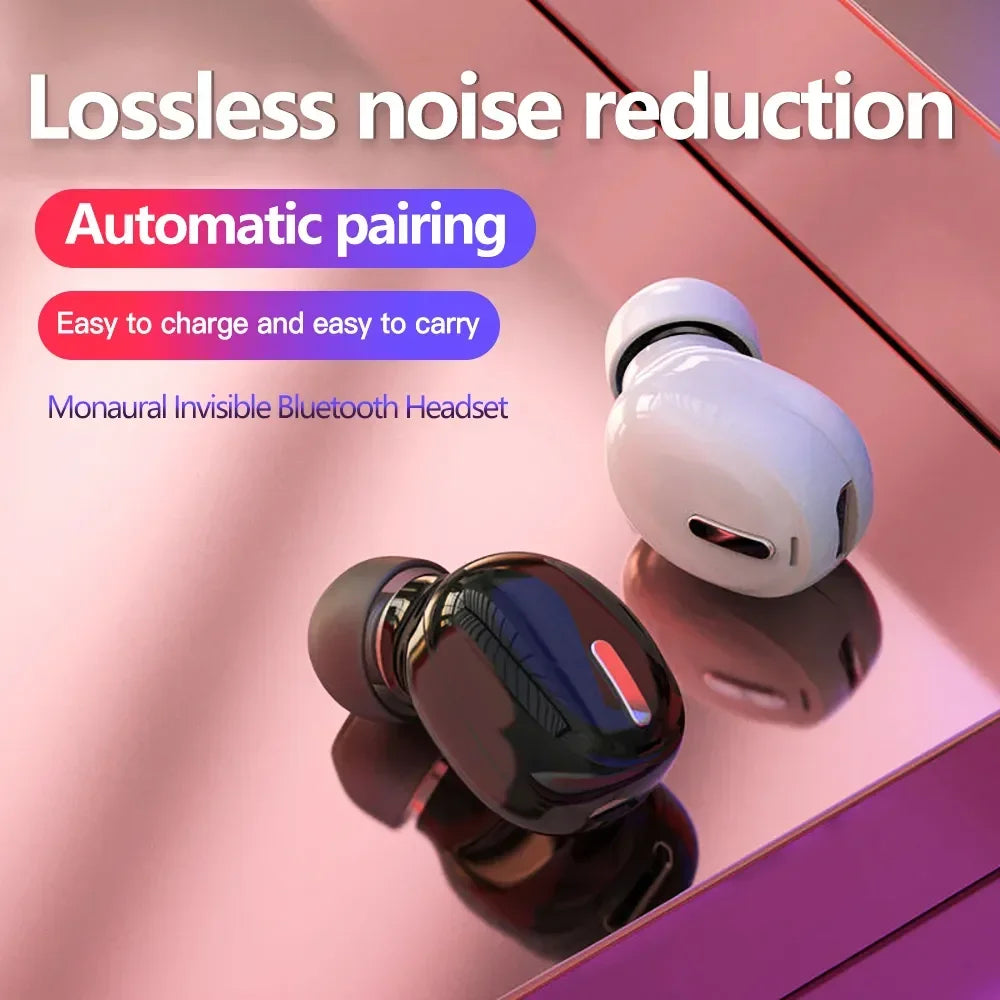 A promotional image showcases two X9 ERZHOU Wireless Earbuds by HeadphoneHeat, one black and one white, on a glossy surface. Text reads “Lossless noise reduction,” “Automatic pairing with Bluetooth 5.0 Connectivity,” “Easy to charge and carry,” and features a "Monaural Invisible Bluetooth Headset.