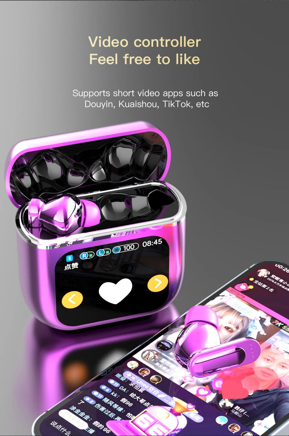 A pair of purple LED Touch Screen Newmsnr Bluetooth 5.4 Earbuds by HeadphoneHeat are displayed with their open charging case, which has a small screen showing app icons. The setup is next to a smartphone displaying a short video app. Above, text reads: "Video controller Feel free to like" and lists compatible apps with Bluetooth technology.