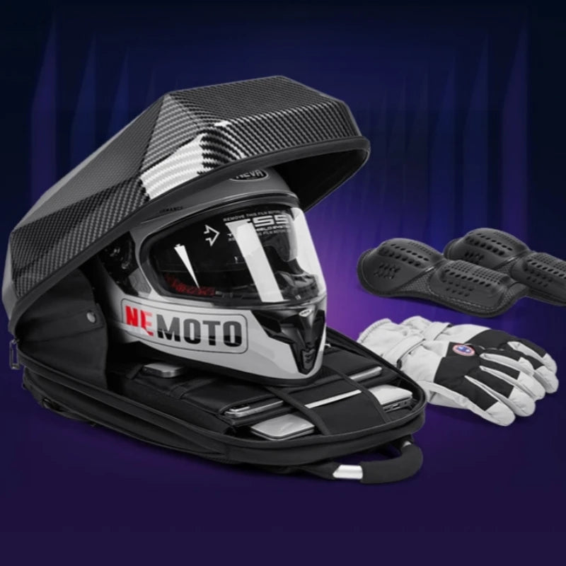 Displayed against a dark purple background, the carbon fiber motorcycle helmet stands out alongside protective gloves and knee pads. Featuring the brand "NE MOTO" in striking red and black, it's paired perfectly with a durable PVC CFUN LED Multimedia Business Men's Backpack from HeadphoneHeat to complete your gear ensemble.