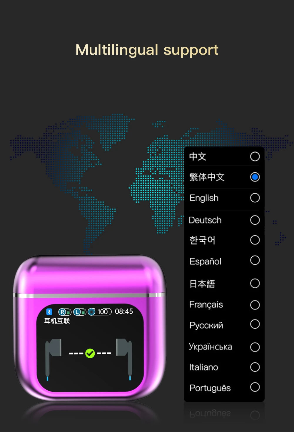 A product display image showcasing the HeadphoneHeat LED Touch Screen Newmsnr Bluetooth 5.4 Earbuds in a purple wireless earbud case with an LED screen. A multilingual support menu is on the right, listing languages such as Chinese, English, German, Korean, Spanish, and more. The in-ear wireless earphones feature advanced Bluetooth 5.4 technology and Active Noise-Cancellation for international use.