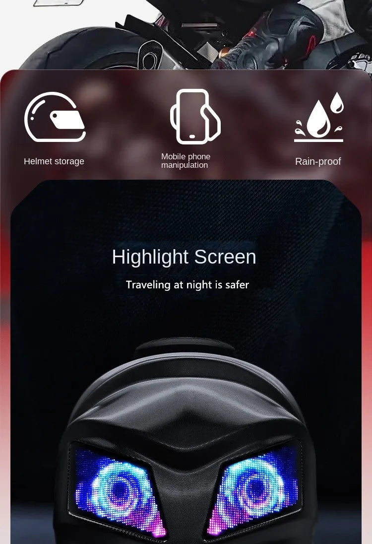 Close-up image of a LED Turtle Shell Backpack by HeadphoneHeat with a digital display showcasing vibrant graphics, embodying the spirit of Moto & Biker Style. The text above emphasizes features: helmet storage, mobile phone manipulation, and rain-proof design. Below, it states "Highlight Screen: Traveling at night is safer.