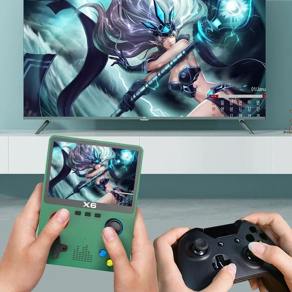 A person holds an EVANOVM X6 Retro Game Console by HeadphoneHeat, featuring a green casing and an impressive 3.5/4'' IPS screen, displaying over 10,000 classic games including a futuristic one. Meanwhile, another individual uses a controller while the TV displays an intense scene with an armored female character wielding a large weapon, similar to what's shown on the portable gaming device.