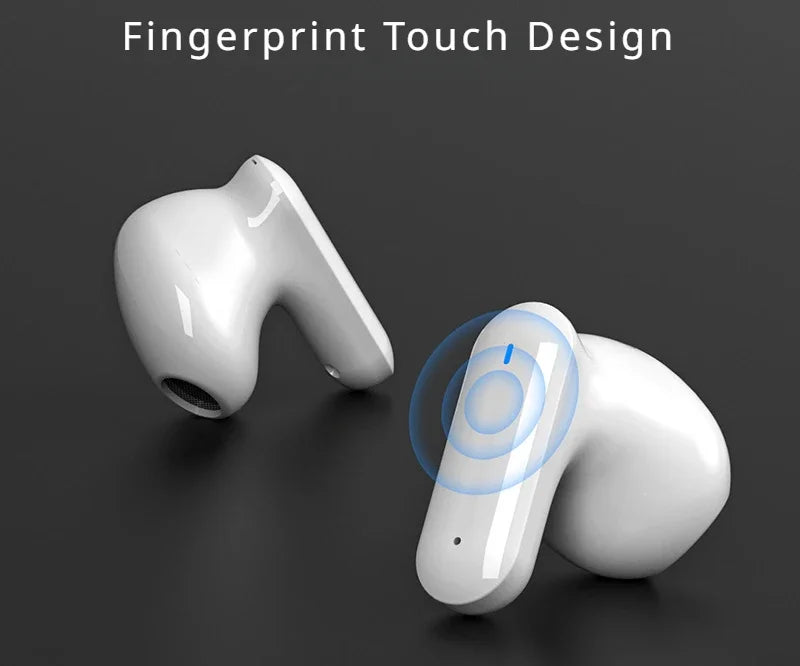 Two white Esports ZIXZEX Game Bluetooth TWS Earbuds by HeadphoneHeat are displayed against a black background. The earbud on the left is shown from a side angle, and the earbud on the right is facing upwards, highlighting its touch-sensitive area with a blue fingerprint icon. Text above reads "Fingerprint Touch Design.